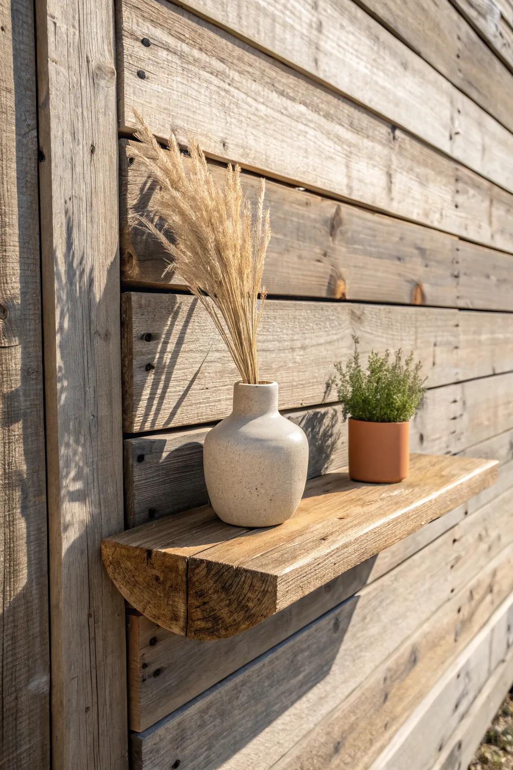 Chunky floating shelves on a barn wood wall—warm texture, simple styling, zero clutter.