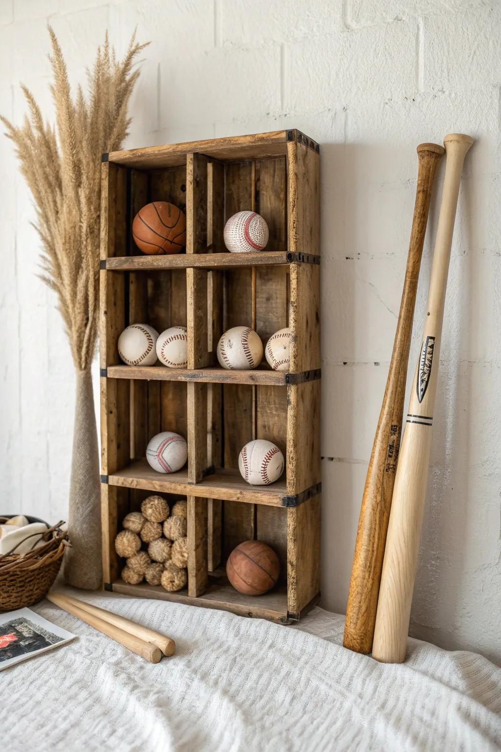 Stacked wooden crate cubbies turn youth bats and balls into a clean, cozy wall display.