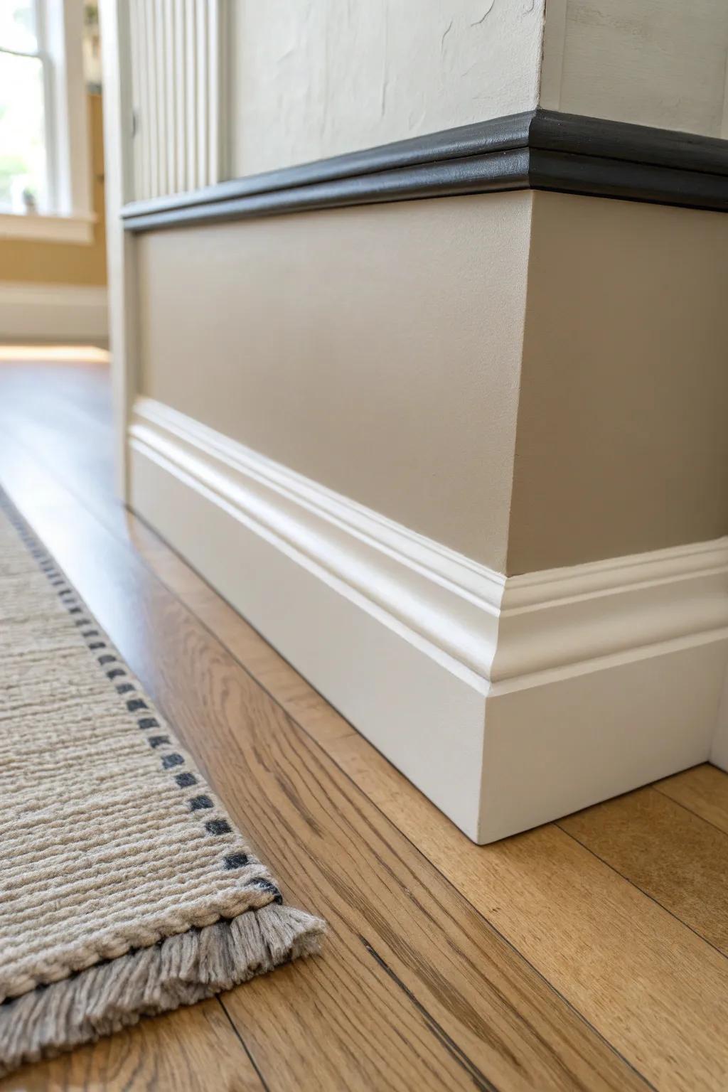 Two-tone baseboards with a crisp thin stripe—simple paint trick that looks like custom millwork.