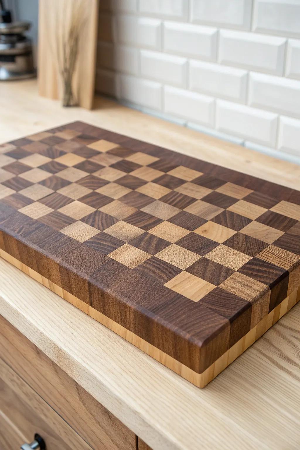 End-grain checkerboard bar top: scrap wood turned into a durable, luxury-looking surface.