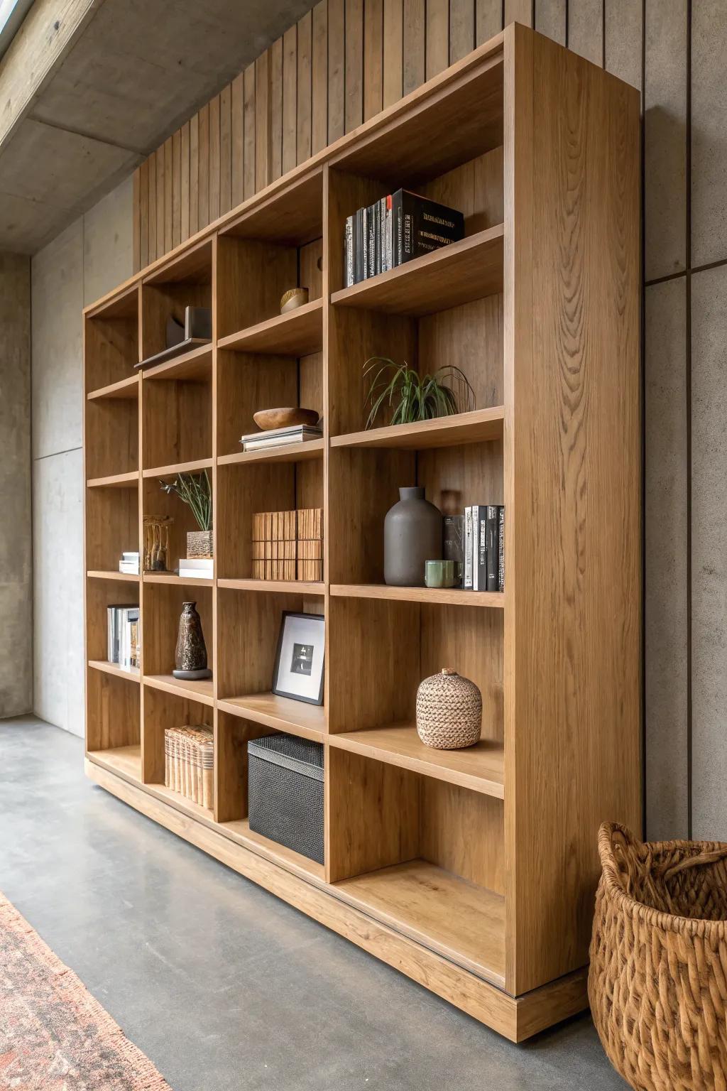 Make a basement pole look intentional with wraparound built‑in bookshelves in warm oak.