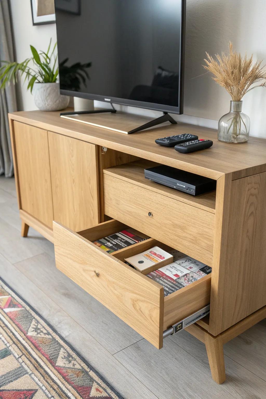 Hidden toe-kick drawer storage—perfect for cards, remotes, and small board games.