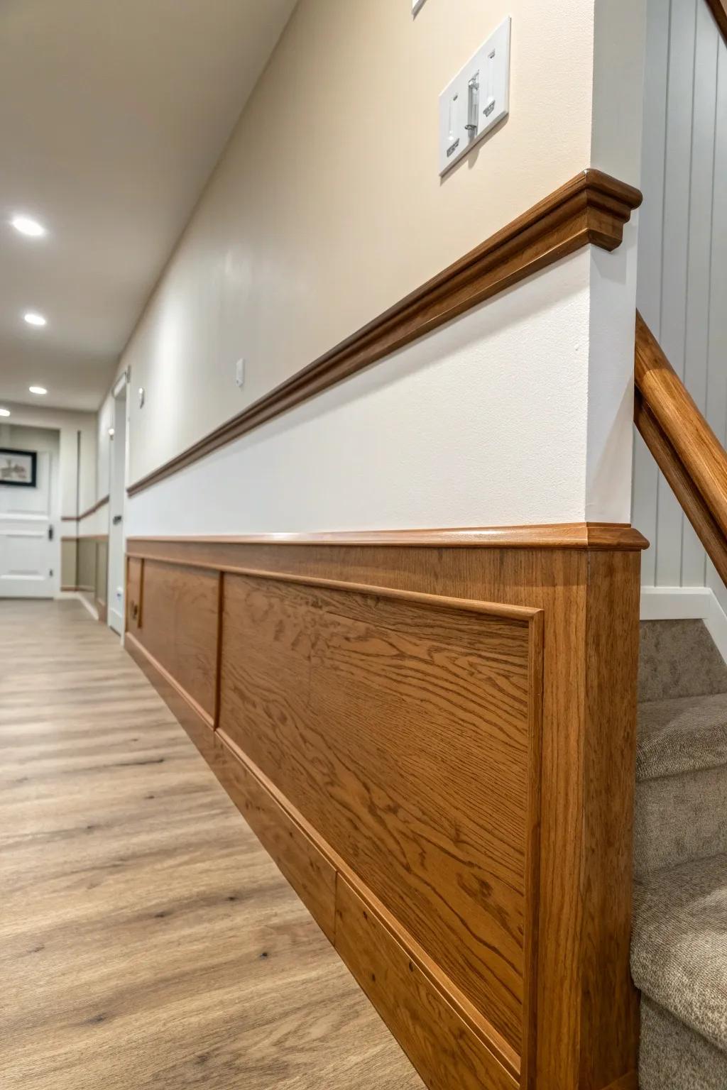 Two-tone basement hallway elevated with a warm wood cap rail—clean lines, built-in charm.