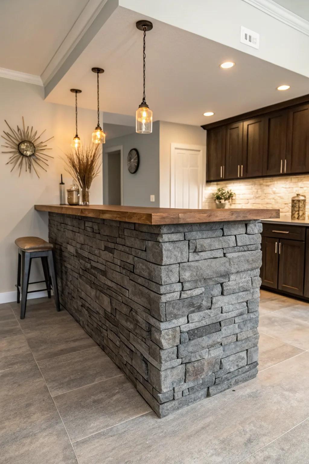 Stone veneer + dark walnut top: a cozy pub-style basement island bar with clean, modern contrast.