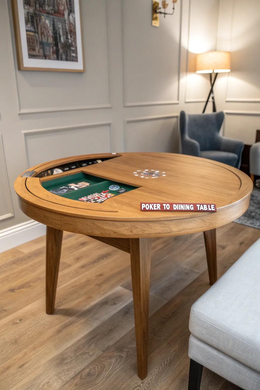 A sleek flip-top table that hides poker night storage—then flips back to dining in seconds.