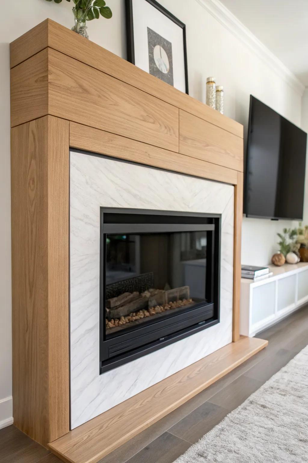 Warm oak meet sleek black steel—an elegant fireplace surround for a modern basement TV wall.