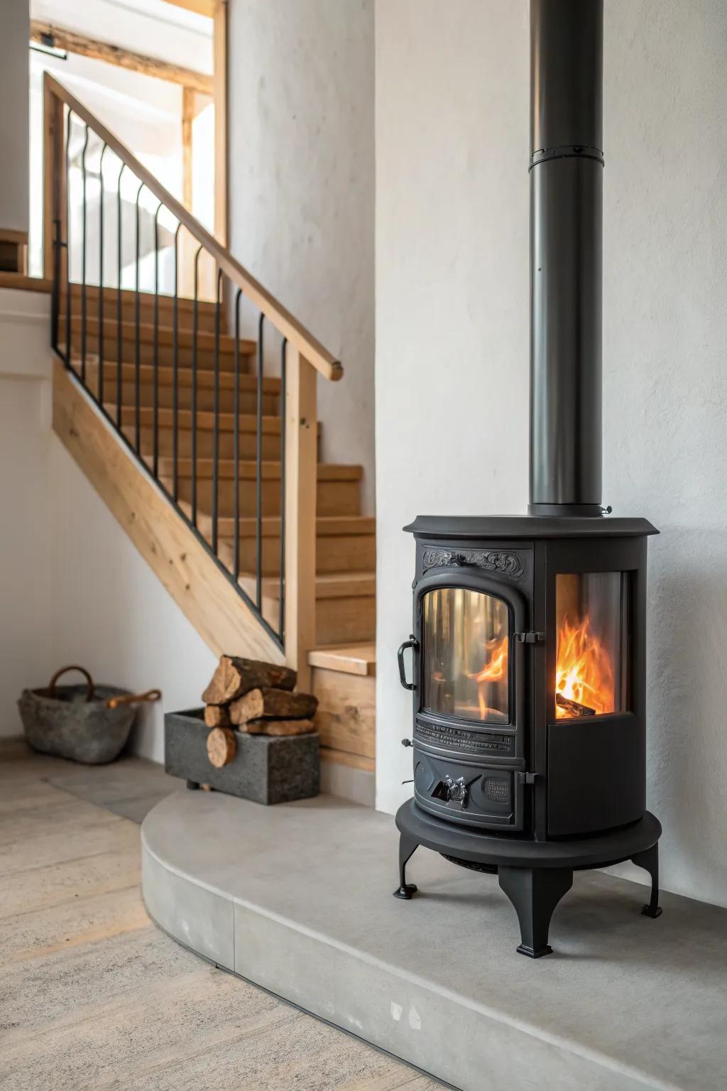 Stair-aligned basement stove: let warm air rise up the stairs for gentle whole-home heat.