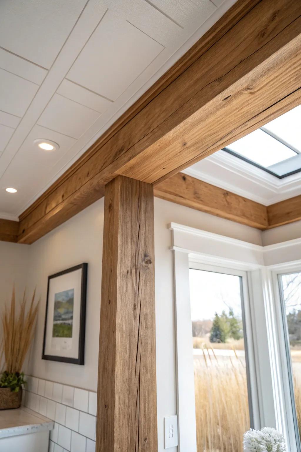 Faux beam ends finished with trim blocks for a clean, intentional ceiling edge in the bathroom.