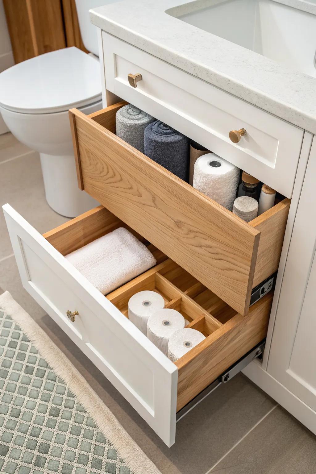 A toe-kick pull-out shelf that hides in plain sight—secret storage for rolls, wipes, and refills.