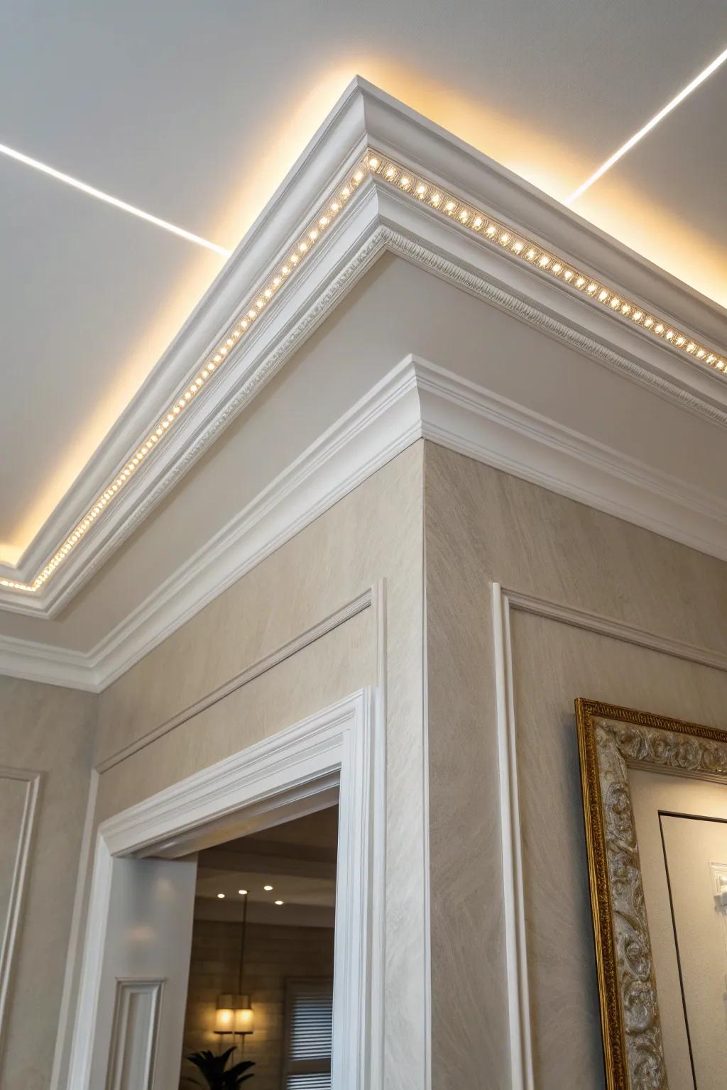 Spa-like bathroom glow: crisp crown molding with hidden LEDs for soft, indirect light.