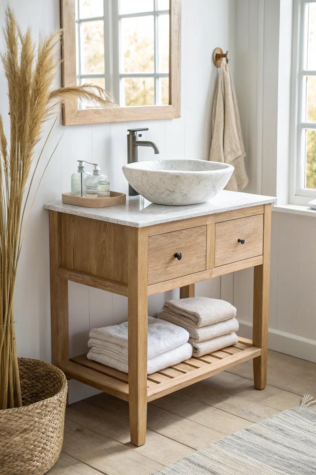 Rounded-corner oak bathroom island—safer in tight spaces, with soft Scandinavian warmth.