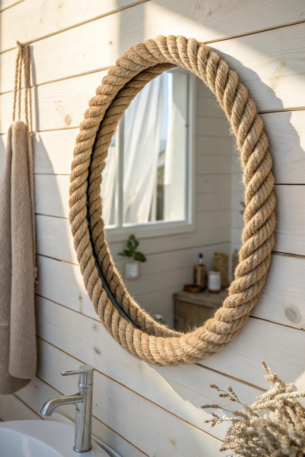 Thick rope-wrapped mirror border for an easy coastal look—sealed to stay smooth in humidity.