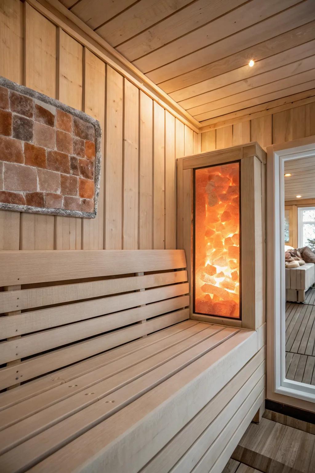 Softly lit salt accent panel brings a spa-cave glow to a minimalist bathroom sauna.
