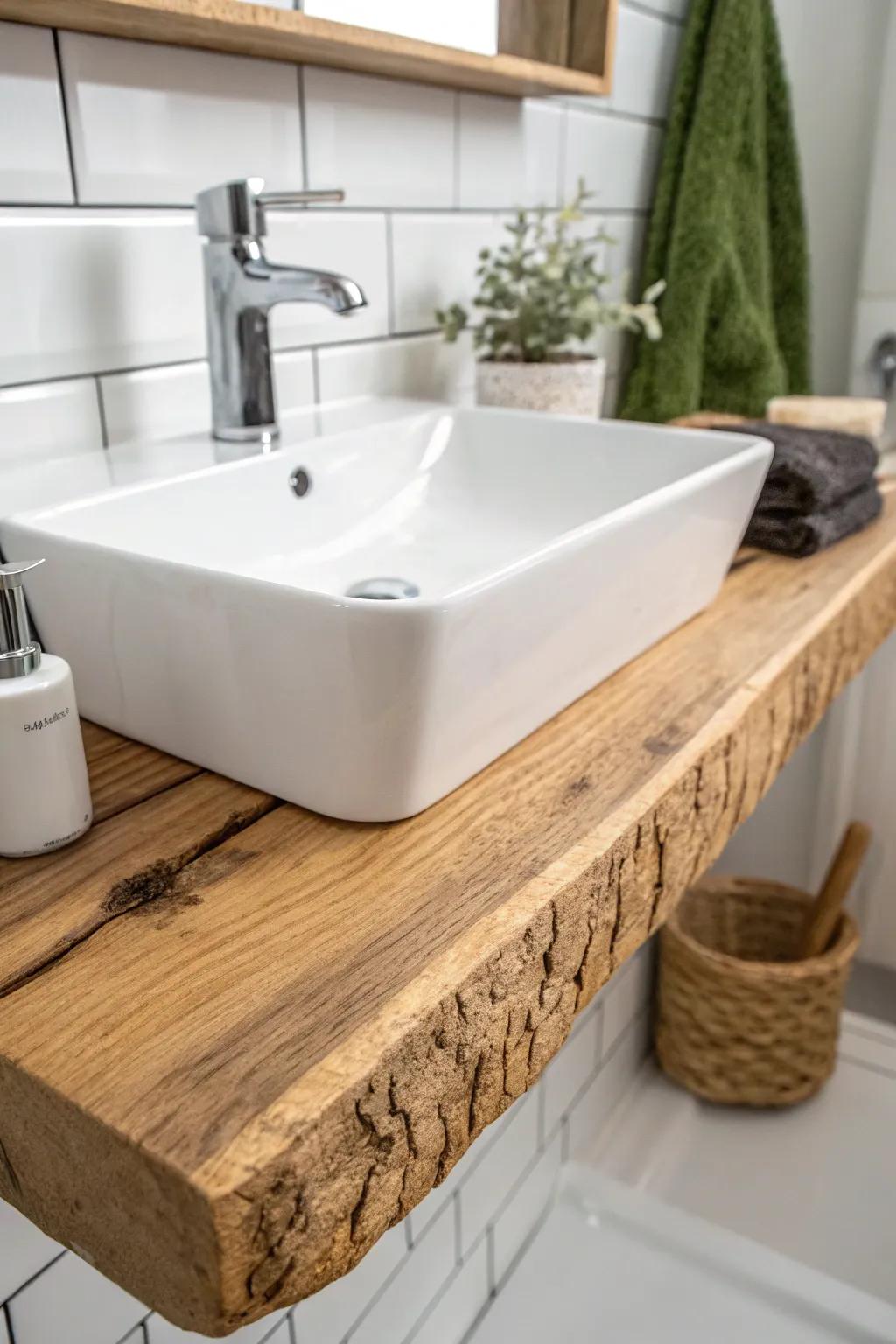 A chunky live-edge shelf adds instant warmth and contrast above a bright white bathroom sink.