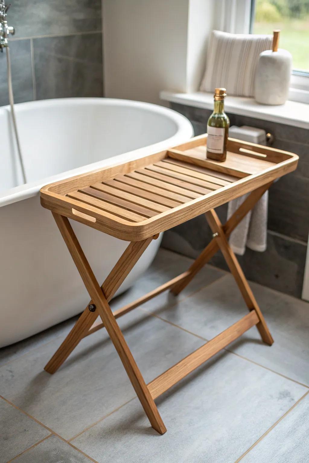 Fold-out slatted oak tray table—spa-night ready, for quiet baths, and stows away fast.