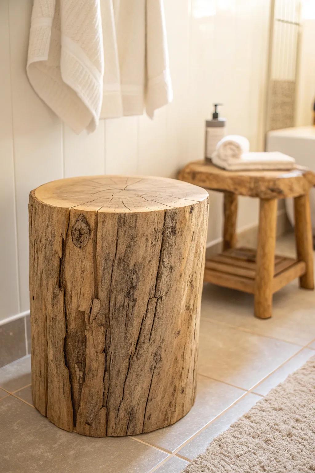 A sealed wood stump side table brings warm rustic texture to a calm, minimalist bathroom.