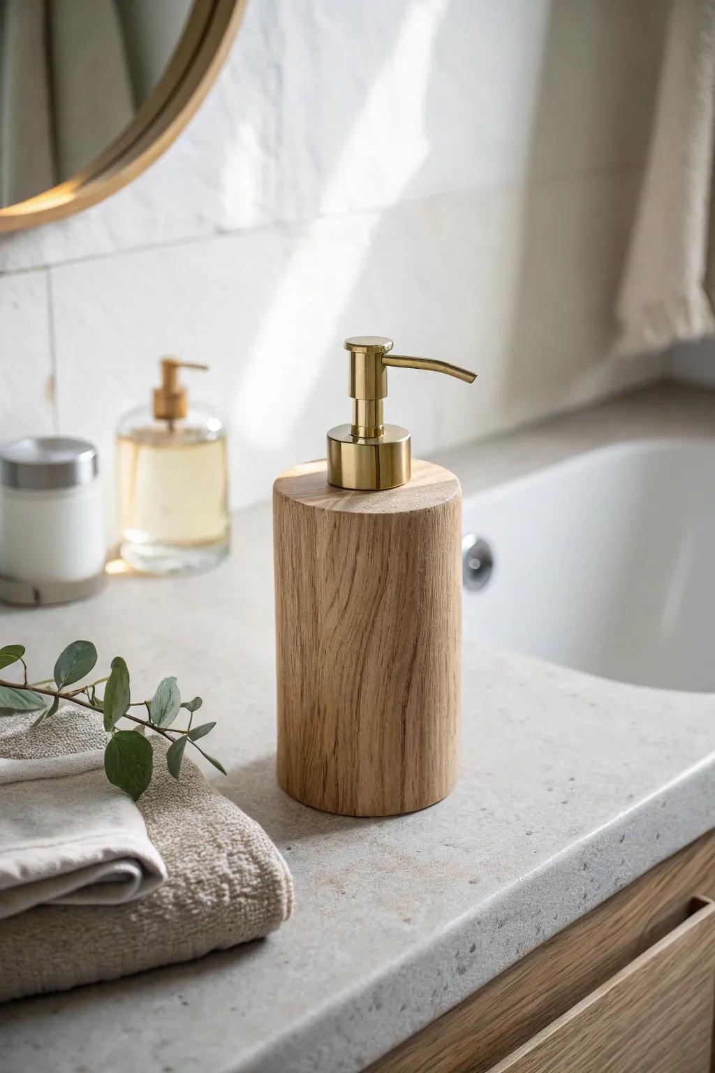 Two-item vanity reset: a wooden soap dispenser + eucalyptus for instant spa-like calm.