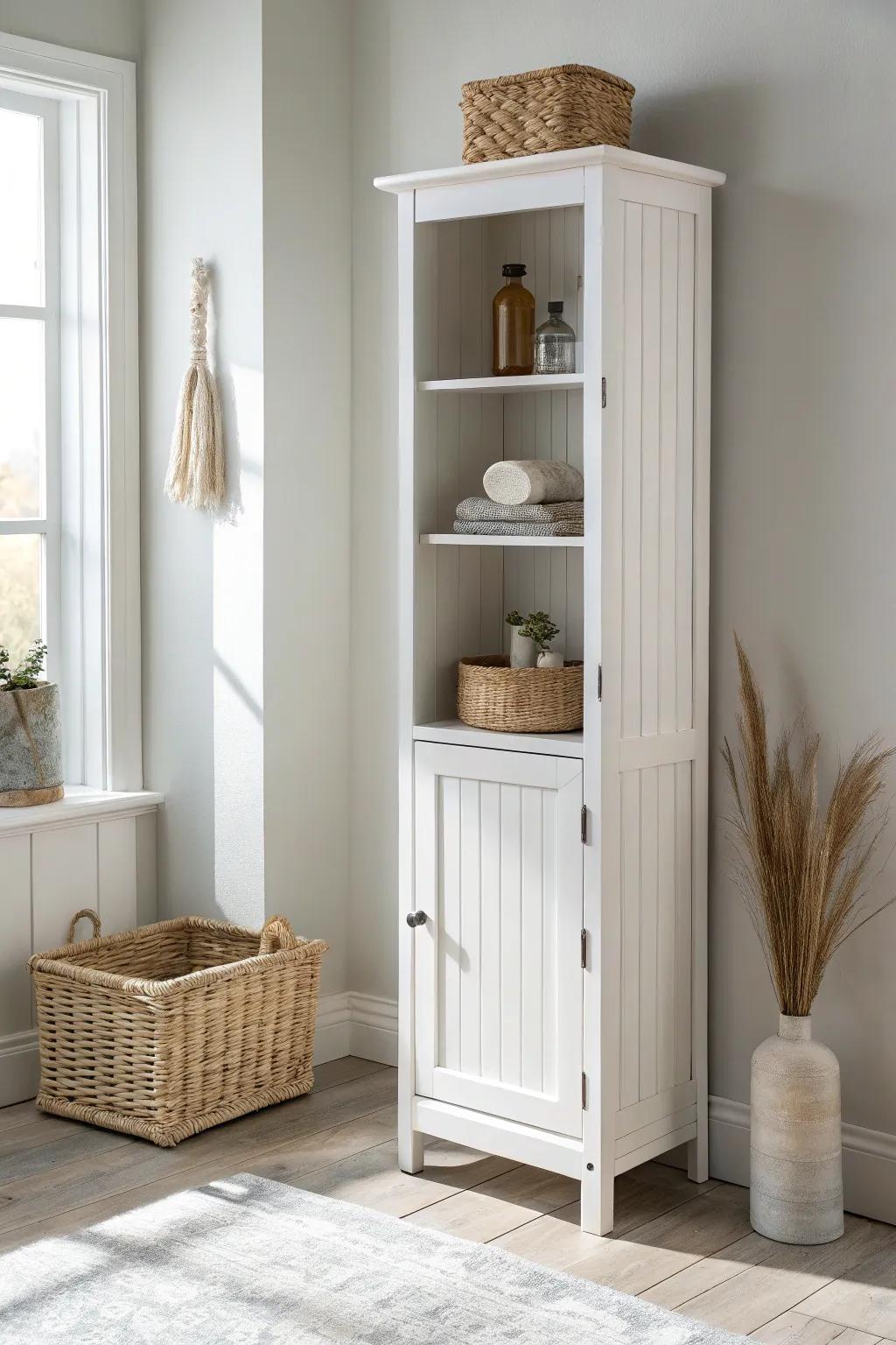 A beadboard-backed farmhouse vanity tower adds cozy texture and cottage charm in minutes.