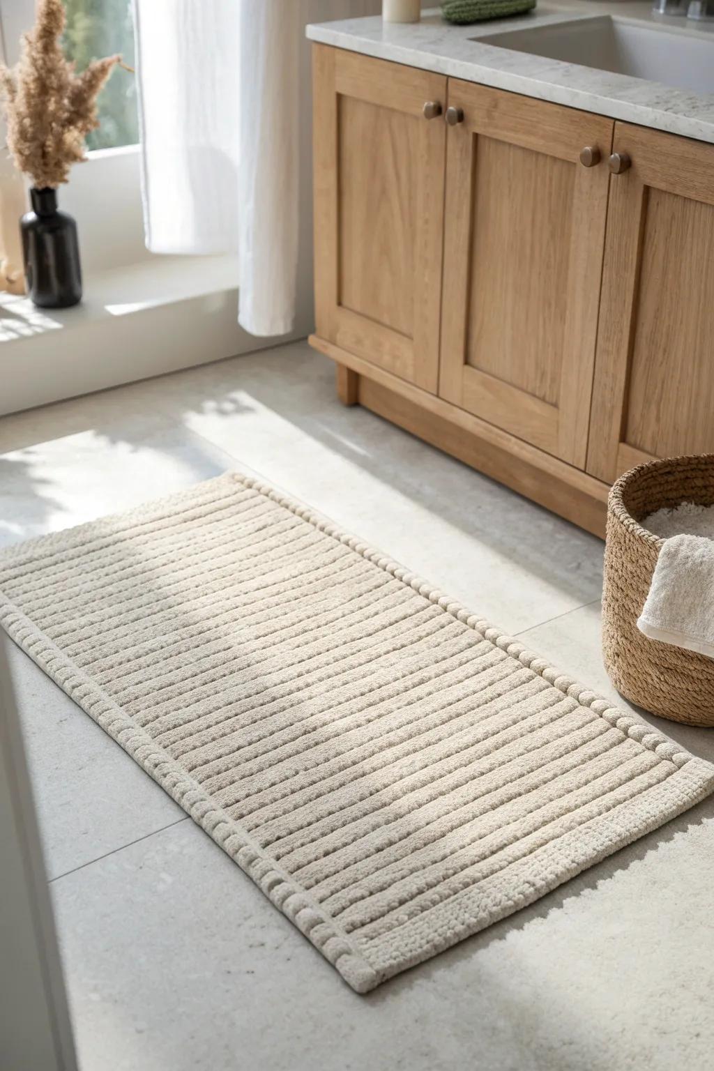 A big neutral bath mat softens busy floors and lets warm oak cabinets feel calm and modern.