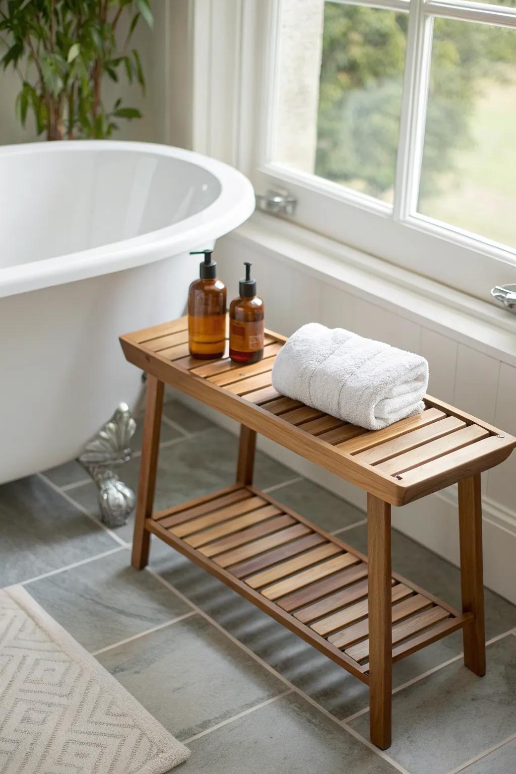 Outdoor-style slatted teak tub table—light, airy, and made to dry fast in steamy baths.