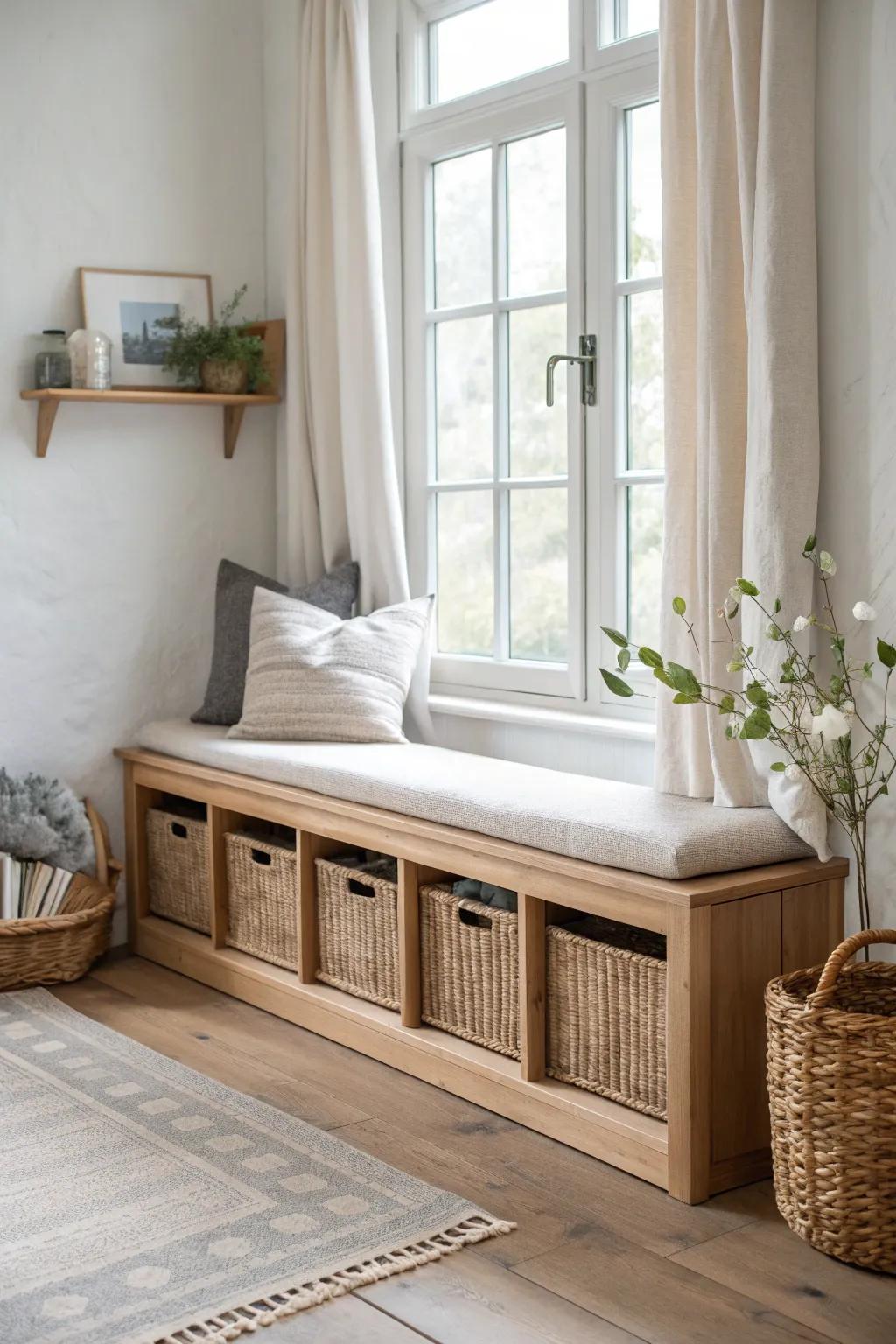 A sleek bay window bench with pull-out woven baskets for effortless, tidy nook storage.