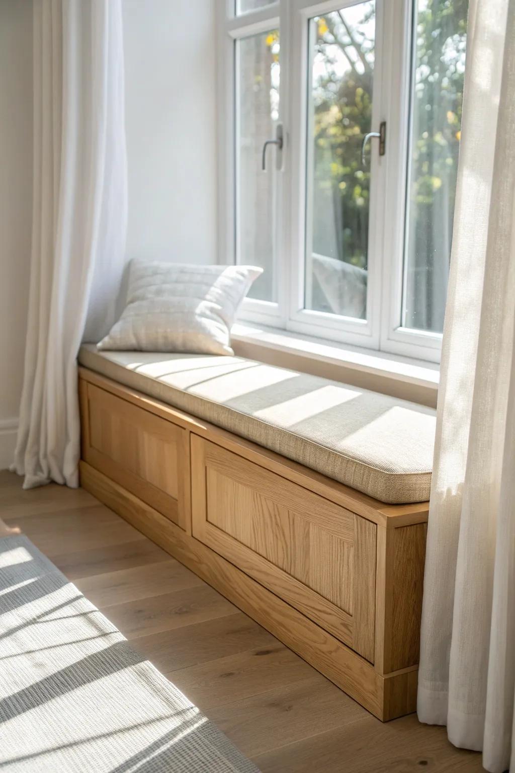 A sunny, pet-friendly bay window seat perch with a washable cushion and clean oak craftsmanship.