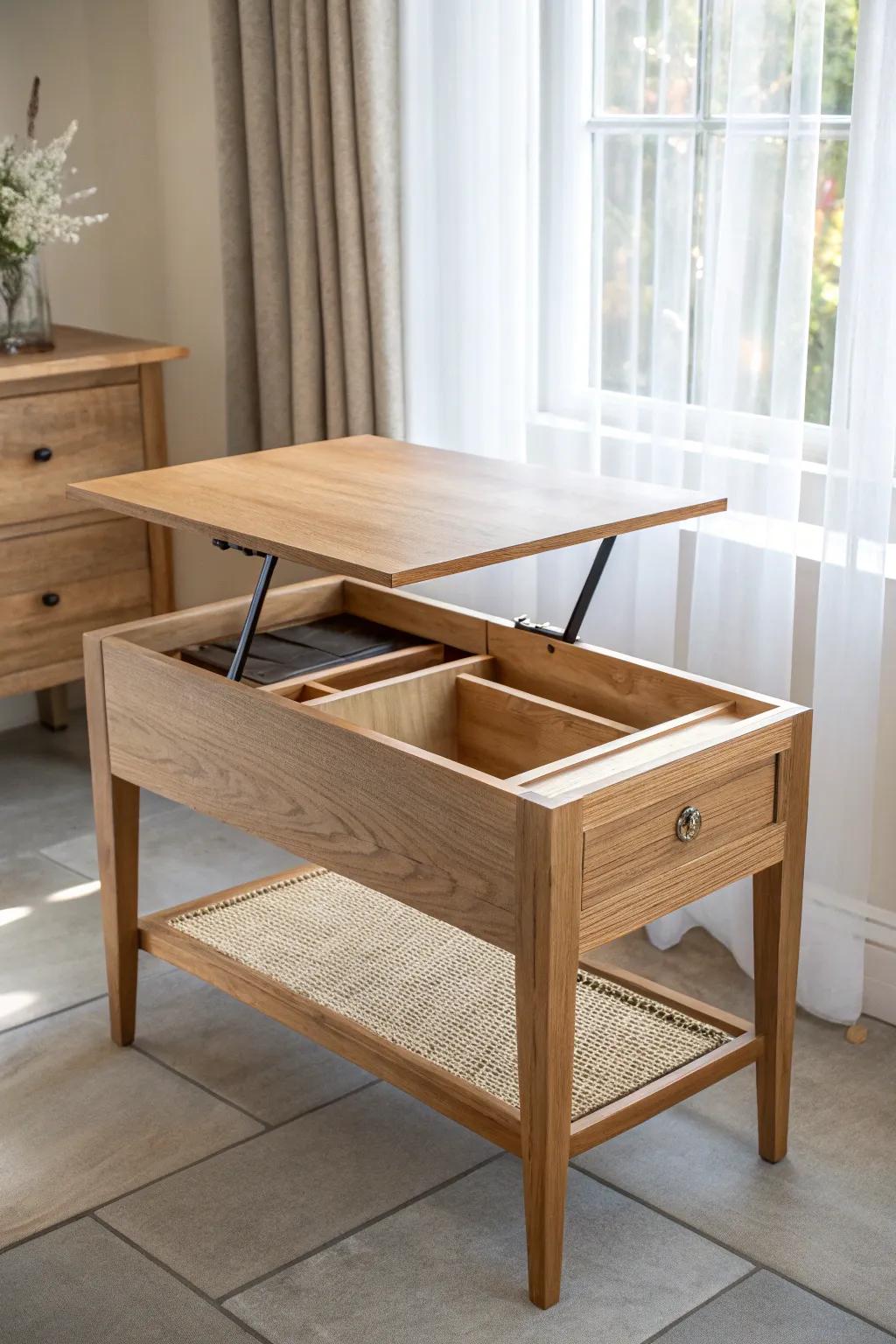 A light oak lift-top bay window table—perfect for pulling puzzles and books closer in comfort.