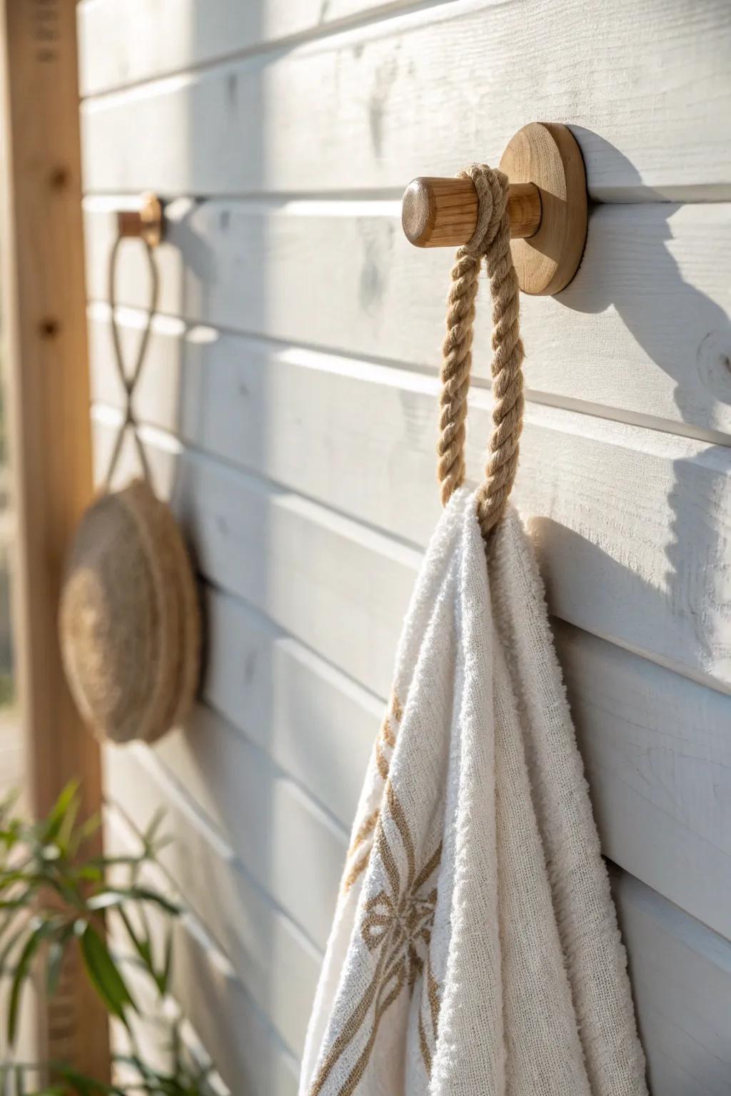 DIY rope-trim towel hook: a simple beachy detail with clean Scandinavian charm.