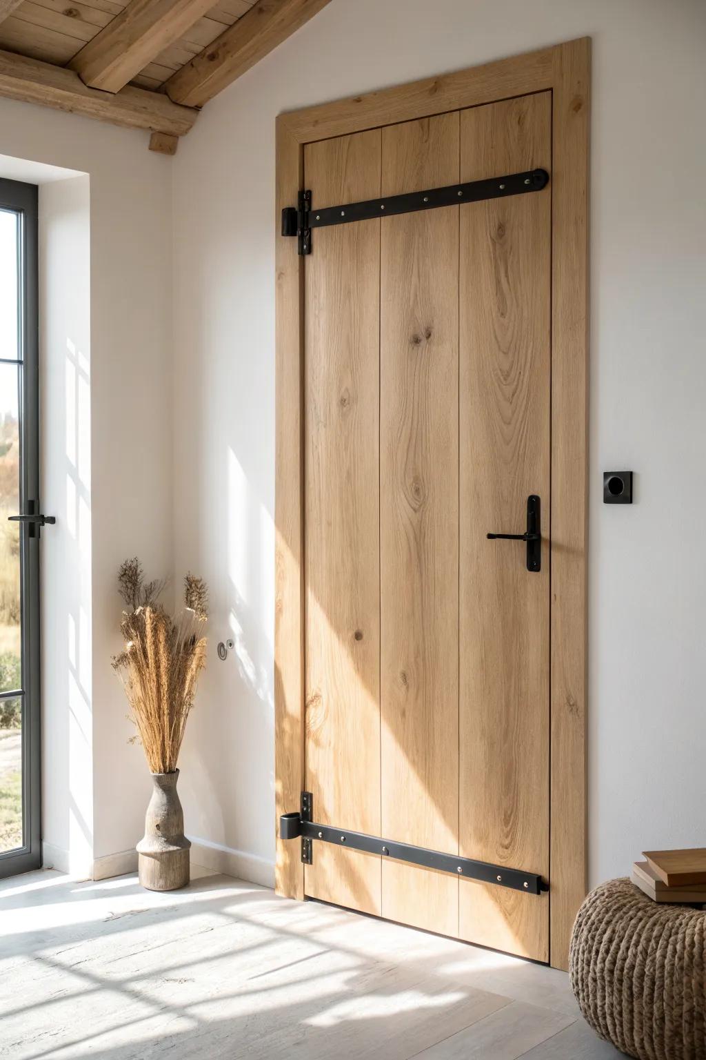 Light oak door with matte black steel straps—minimal, rustic-industrial, and beautifully refined.