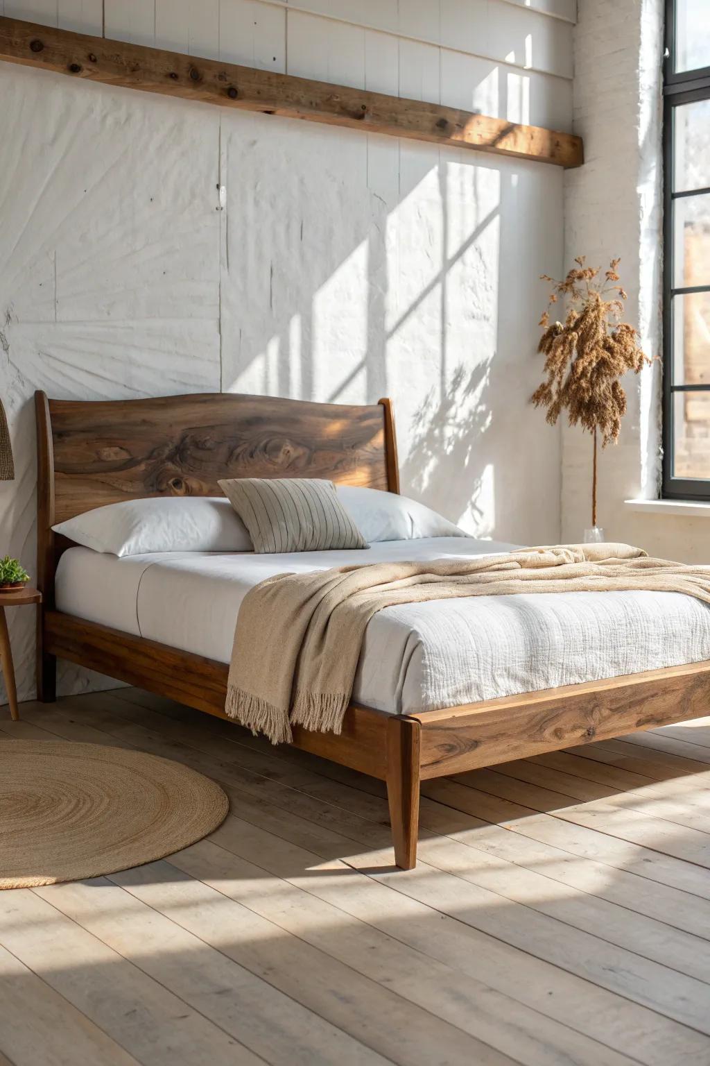 A minimalist bed elevated by a sculptural live-edge rail—warm, wild grain meets calm linens.