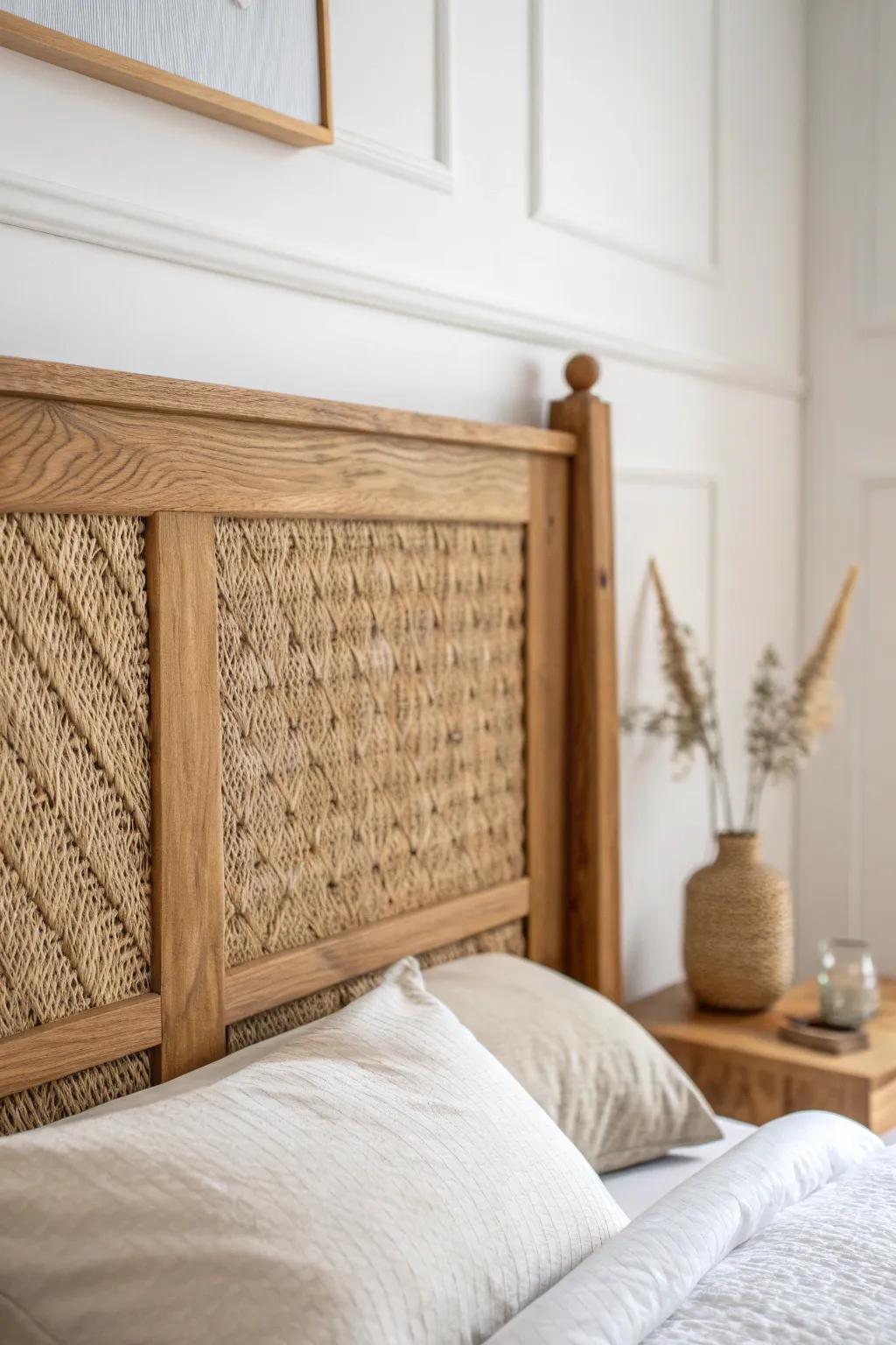 Warm oak frame meets woven fiber texture—an effortless boho headboard for a calm, minimal room.