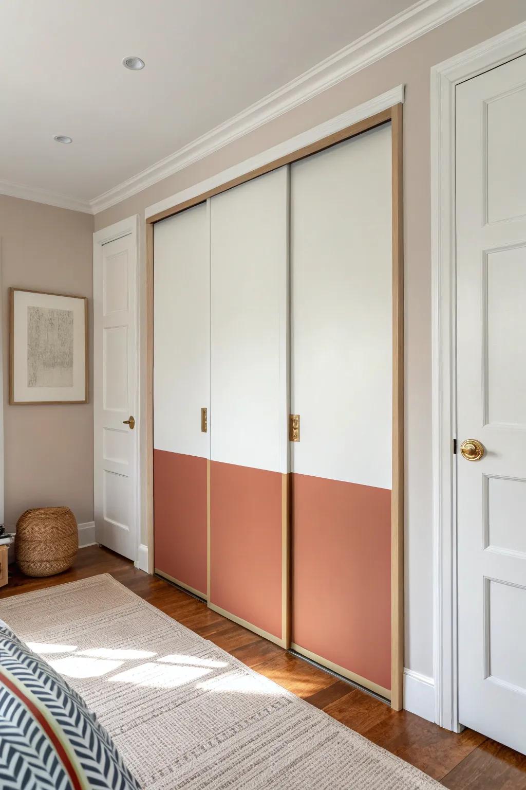Two-tone color-block closet doors add a custom, cabinet-like feel with clean Scandinavian lines.