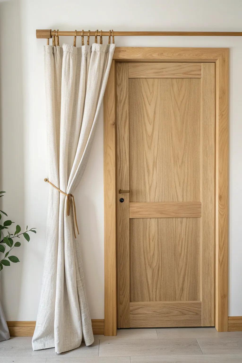 Soften a bedroom door with a linen panel drape—cozy, minimal, and beautifully textured.
