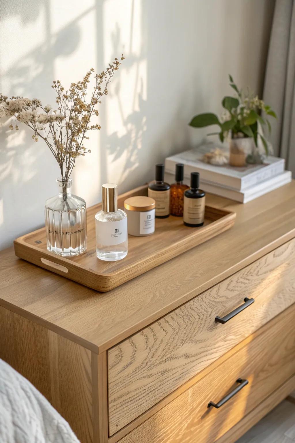 A slim wood riser adds a second level for perfumes—organized, airy, and beautifully minimal.