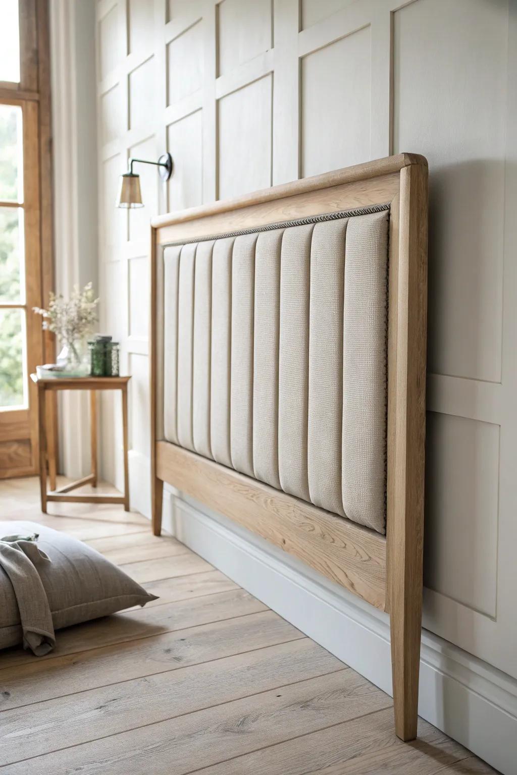 Two-tone oak and linen headboard: warm wood craftsmanship meets soft, cozy texture.