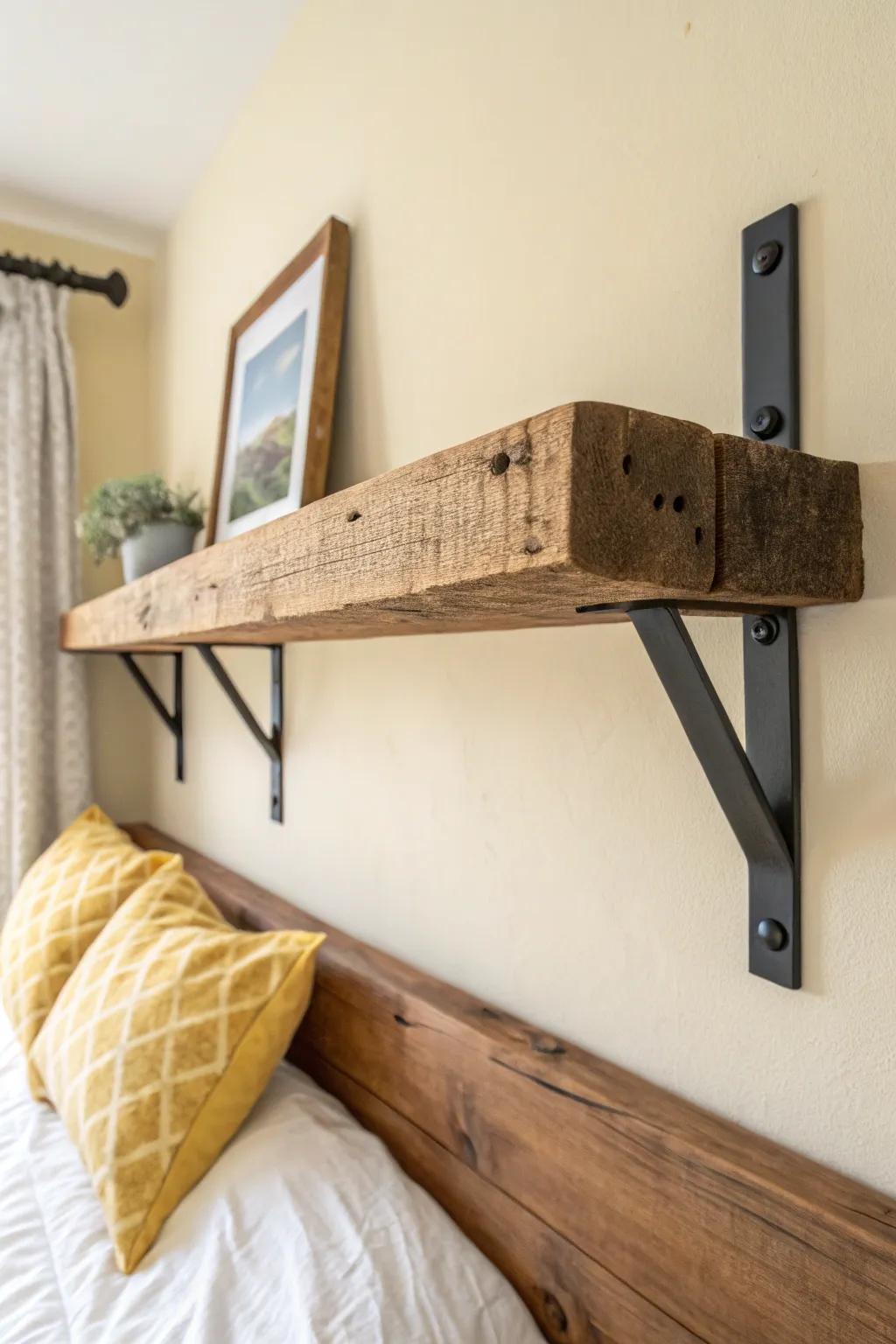 Reclaimed beam bedroom ledge on matte-black brackets—simple, rustic, and beautifully crafted.