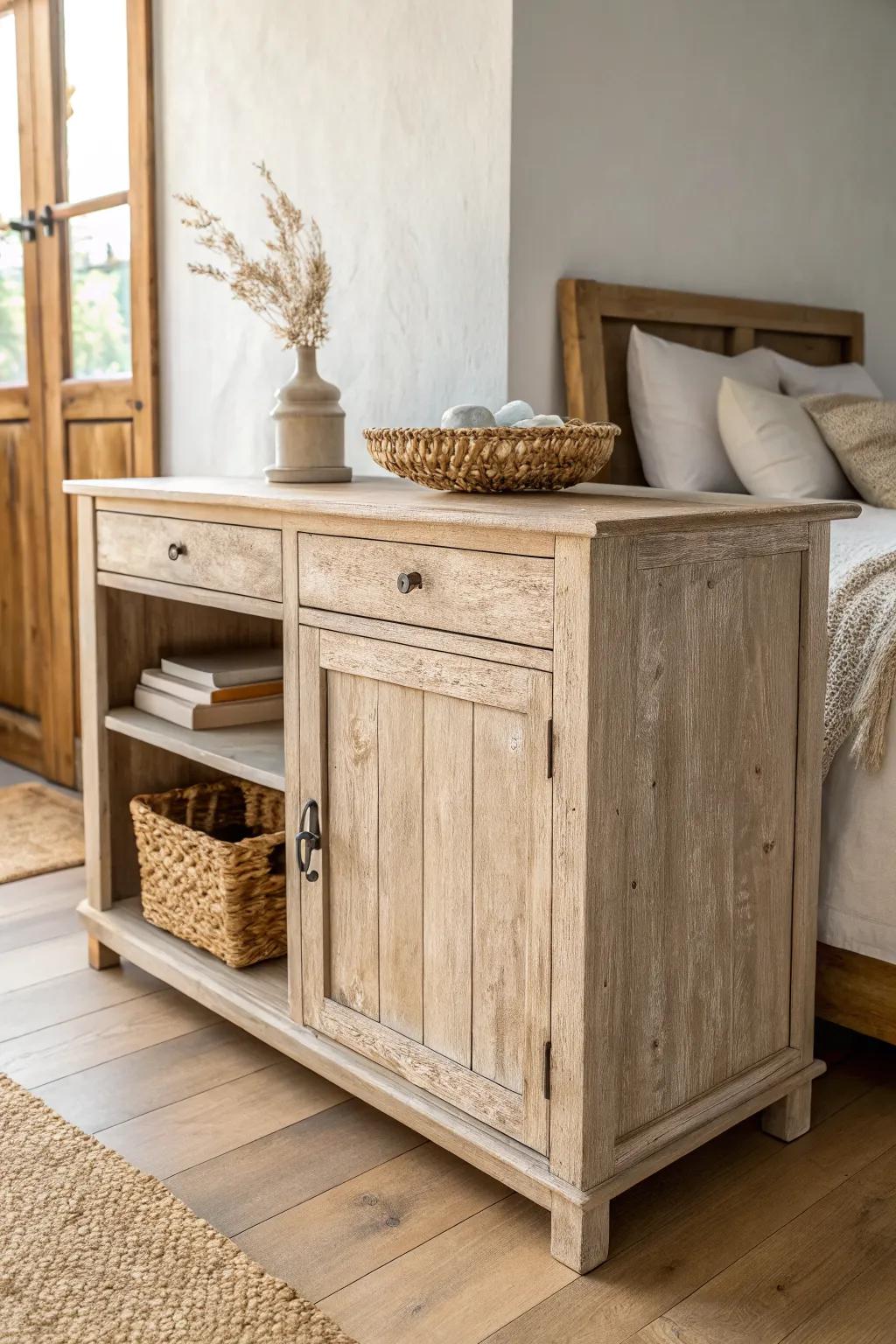 Rustic distressed sideboard warmth—soft edges, matte patina, and calm farmhouse charm.