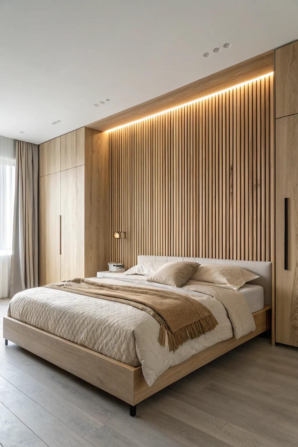 Wood slat panel wall with hidden LED glow—soft, hotel-like ambience for a calm bedroom.