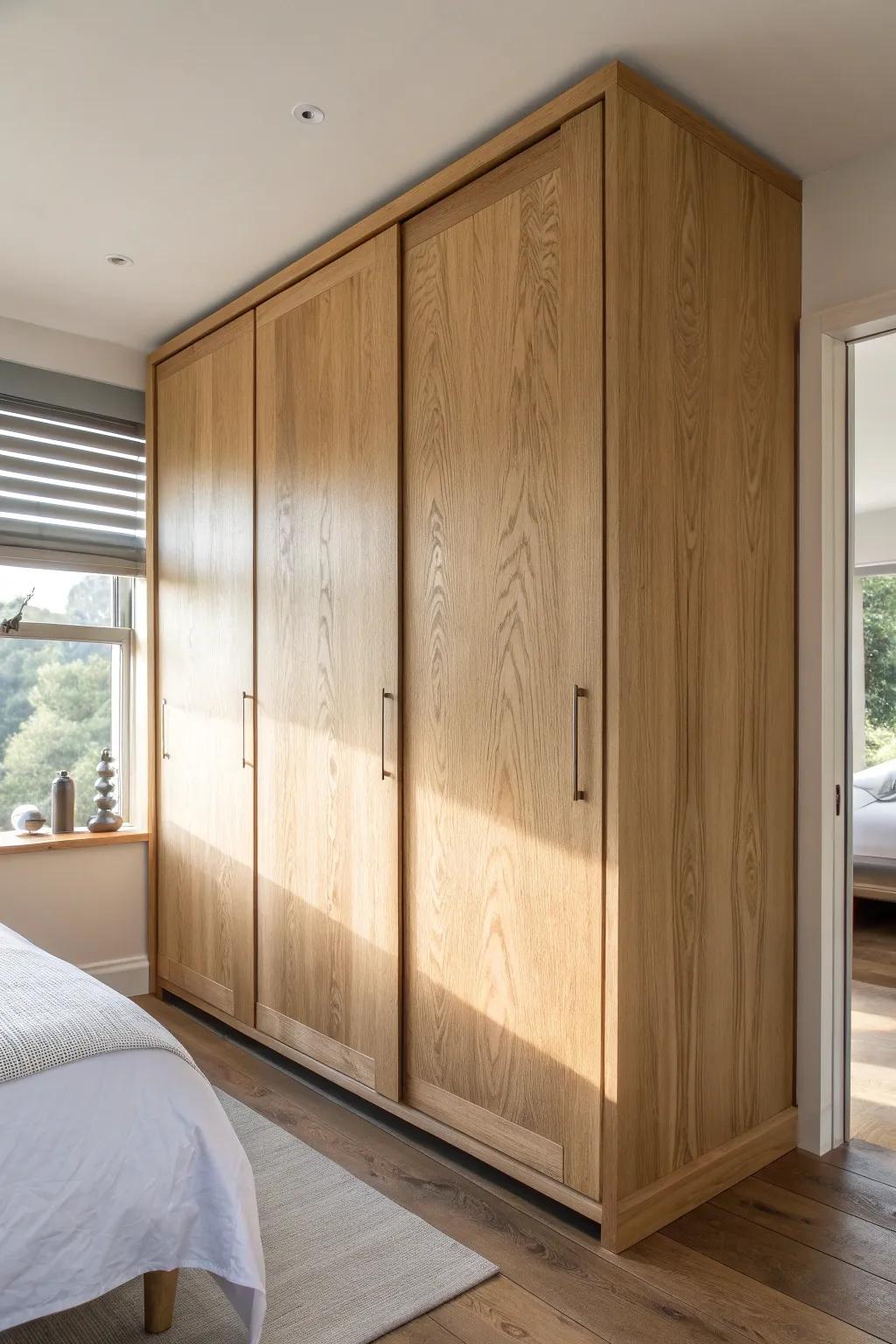 A room-divider wardrobe wall in light oak—boutique-hotel vibes and smart storage in one.