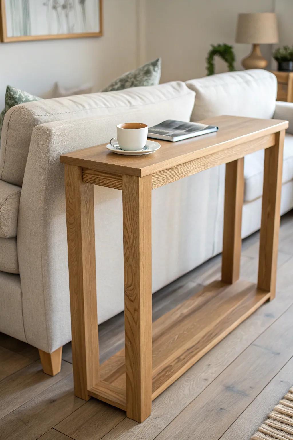 Slim oak sofa table with a raised ledge—minimal, kid-friendly, and beautifully crafted.