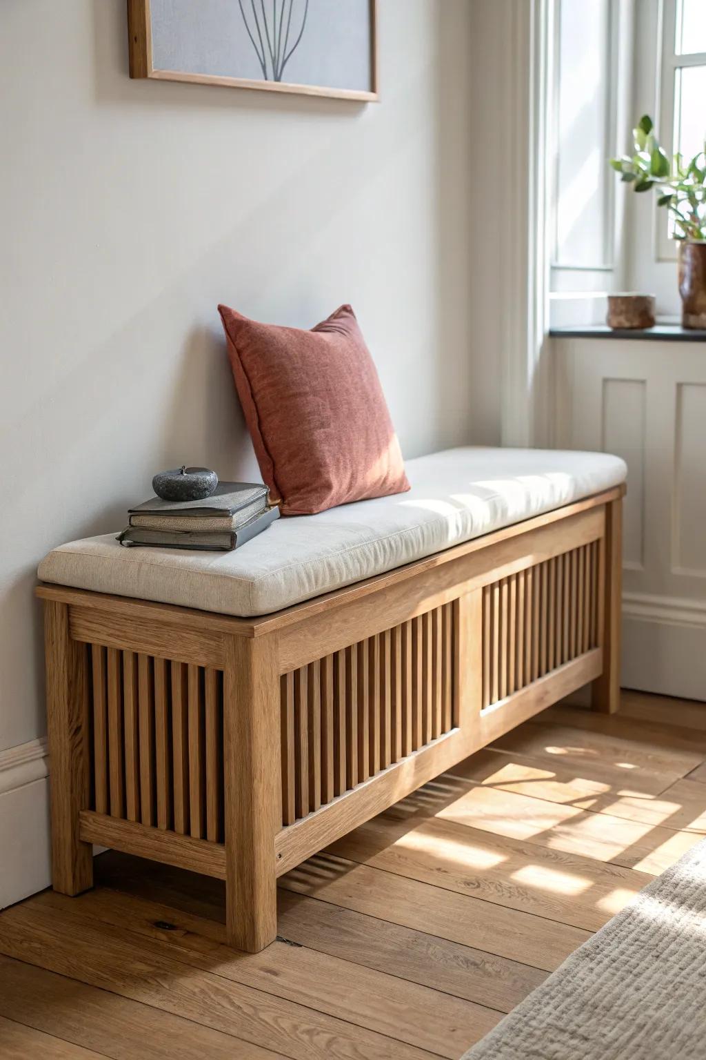 A radiator cover becomes a cozy bench—slatted for airflow and finished with a soft cushion.