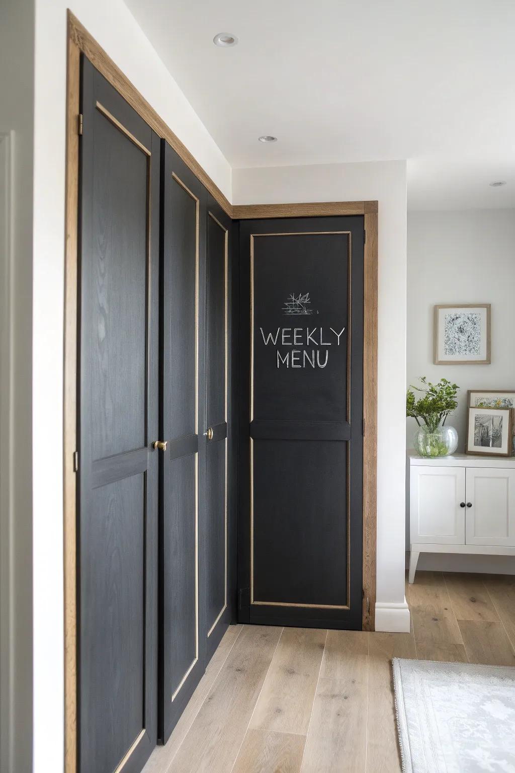 Chalkboard bifold doors with slim oak trim—minimal, pretty, and perfect for daily notes.