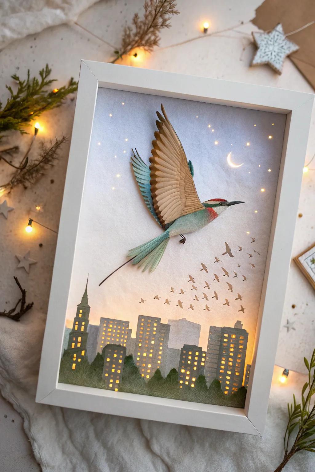 Let your creativity take flight with this enchanting bird collage that marries simplicity with fantasy.