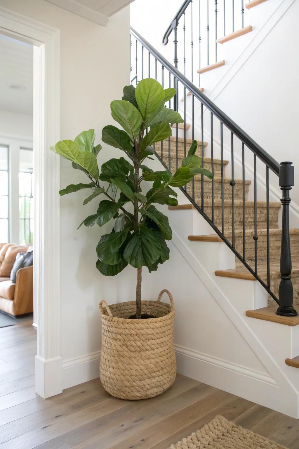 A tall leafy plant in a woven basket softens a bold black banister against white walls.
