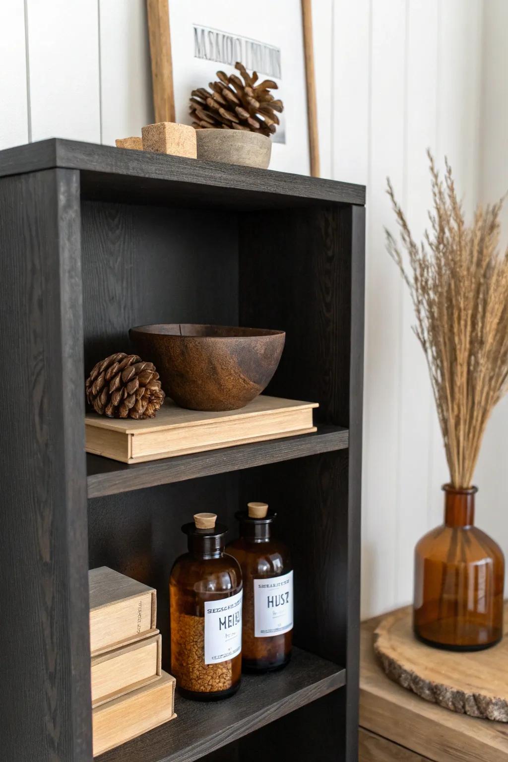 Moody cabin shelf styling: black bookcase + dark woods, pinecones, and vintage jars.
