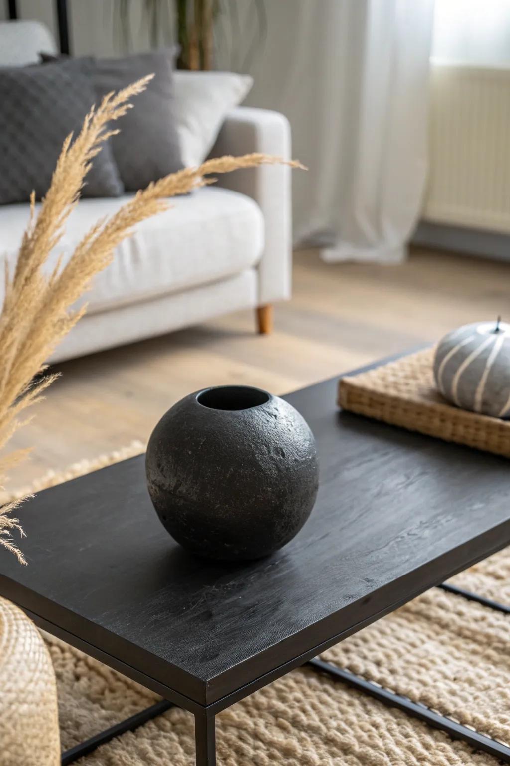 A matte-black sphere adds soft curves and warmth to a sharp-edged black coffee table.