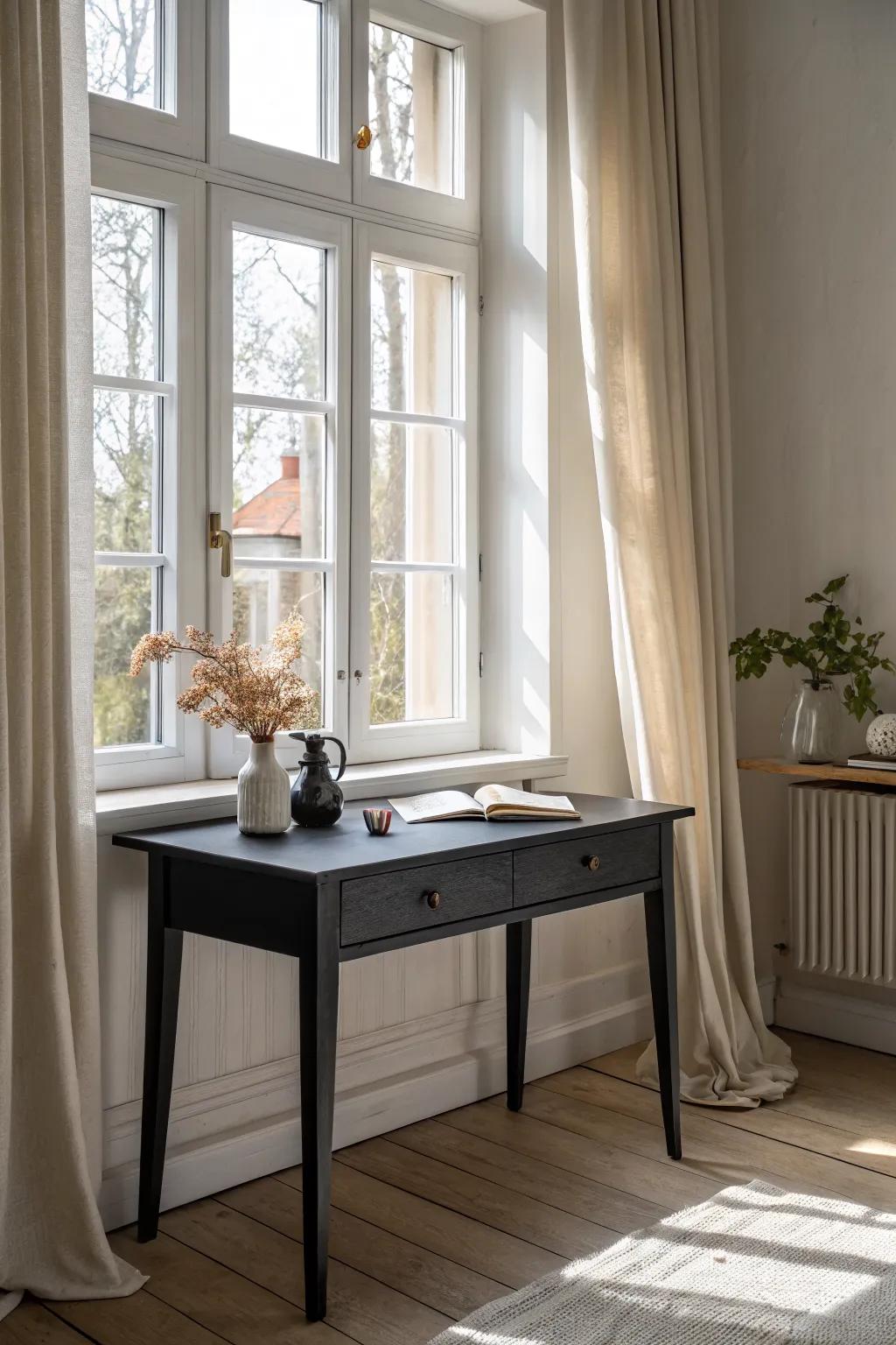 A matte black desk by a bright window—natural light makes the setup feel airy and calm.