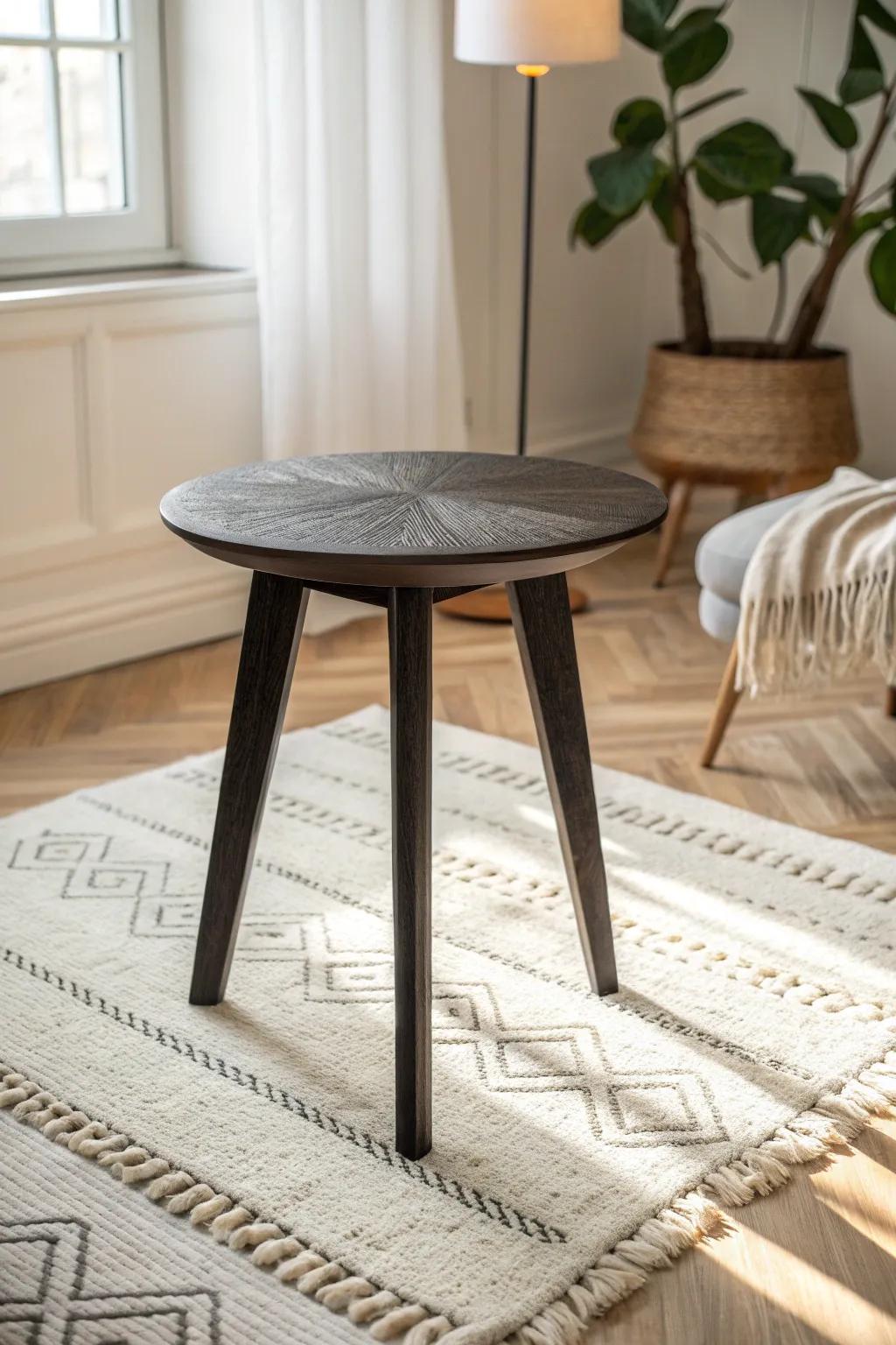 A light woven rug instantly lifts black furniture—bright, airy, and beautifully balanced.