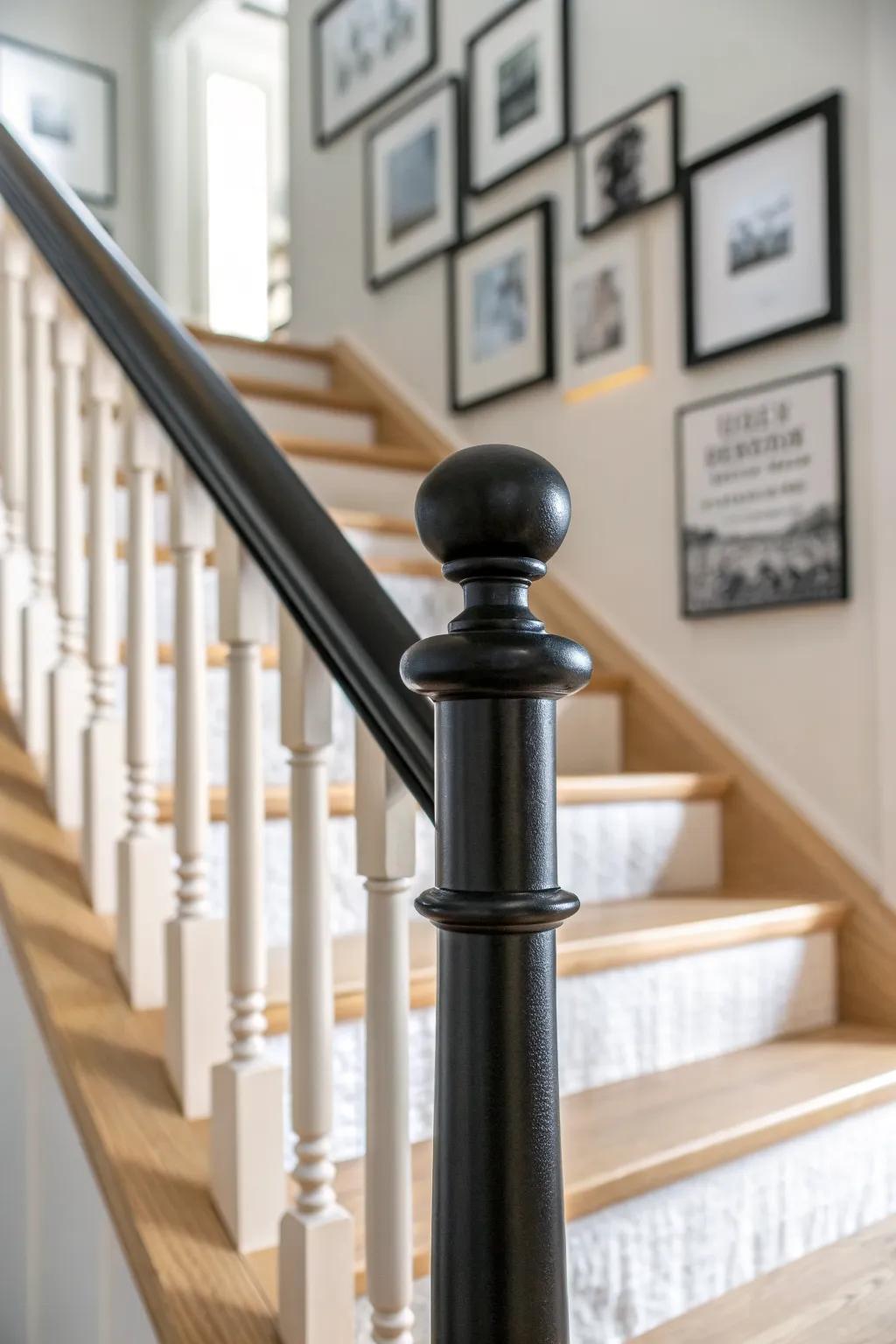 A matte black banister anchors a soft Scandinavian gallery wall with warm wood frames.