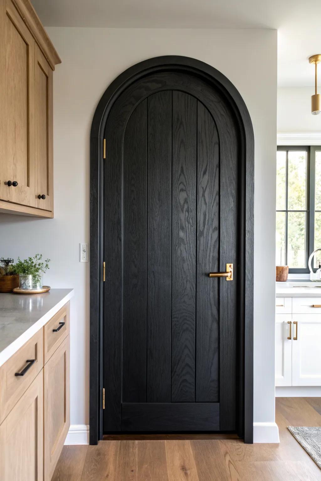 Arched-top black pantry door with warm wood grain—minimal, soft, and beautifully custom.
